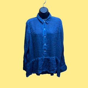 a.n.a A New Approach Navy Blue Button Down Shirt Ruffled Hem Peplum Blouse
